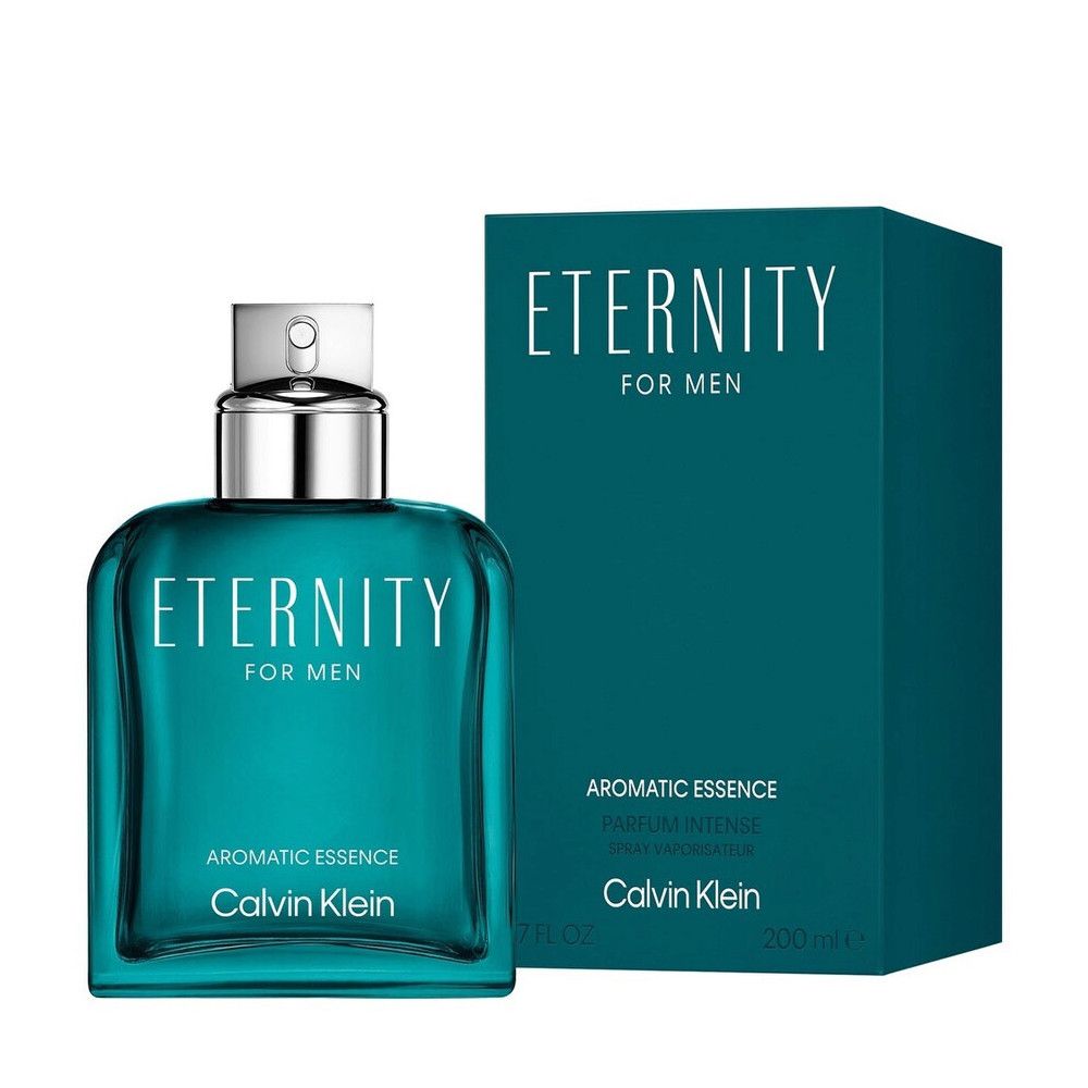 Flacone e confezione turchese. Tappo argentato. Scritta: Eternity for Men Aromatic Essence. Marchio: Calvin Klein.