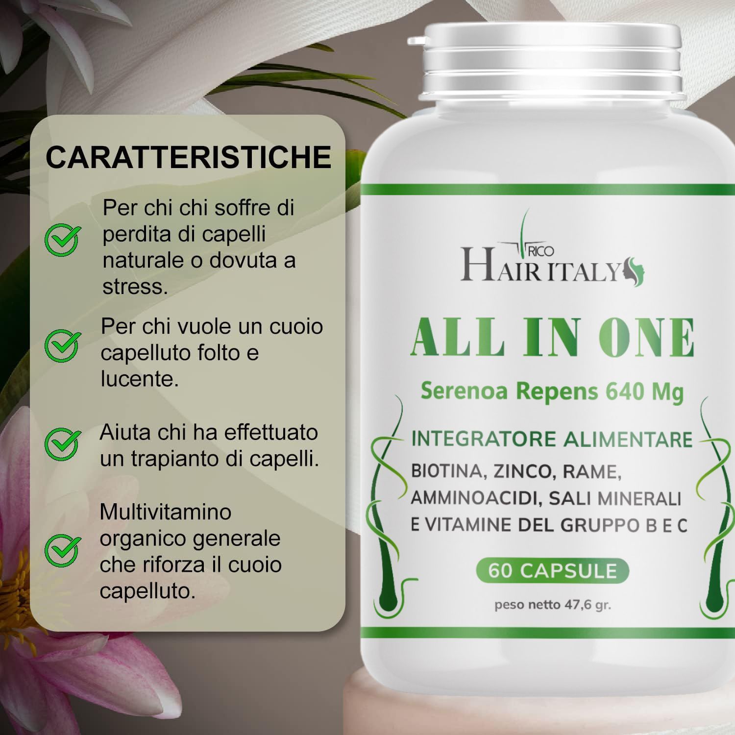 Flacone bianco con etichetta verde. Scritta: Trico Hair Italy, All in One, 60 capsule. Testo sui benefici del prodotto.