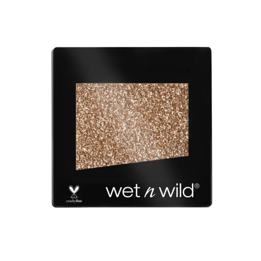 Ombretto glitterato dorato in confezione nera. Marchio "wet n wild" e logo Cruelty Free visibili.