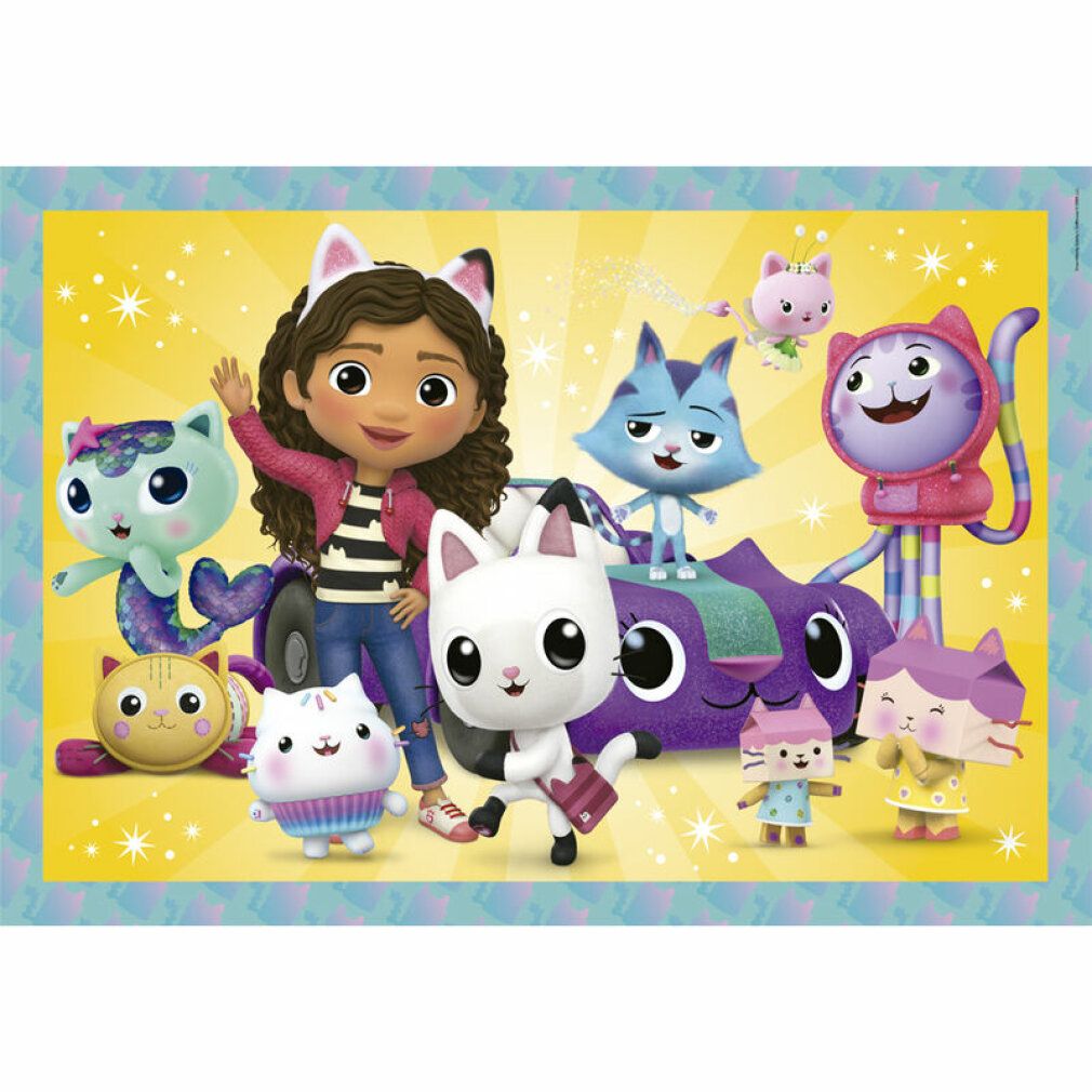 Puzzle con personaggi di Gabby's Dollhouse. Puzzle rettangolare con personaggi colorati su sfondo giallo. Cornice turchese.