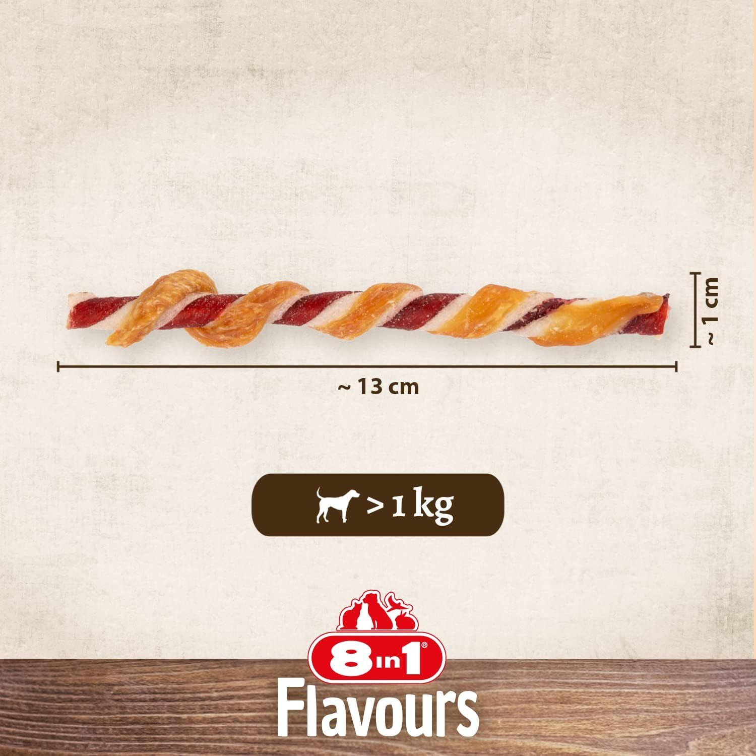 Singolo stick attorcigliato, circa 13 cm di lunghezza, 1 cm di spessore. Testo: >1 kg. Logo 8in1 Flavours.
