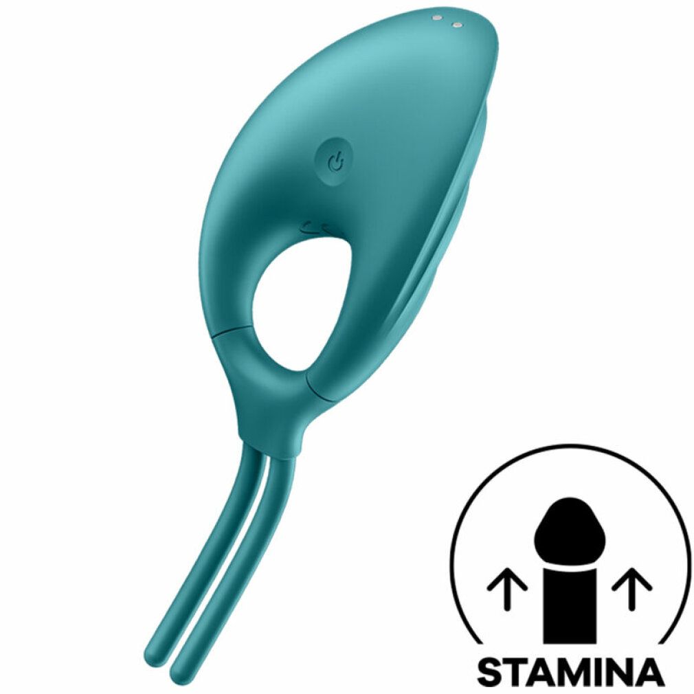 Vibratore ad anello verde con due steli. Pulsante e foro in alto. Simbolo con frecce e pene a destra.