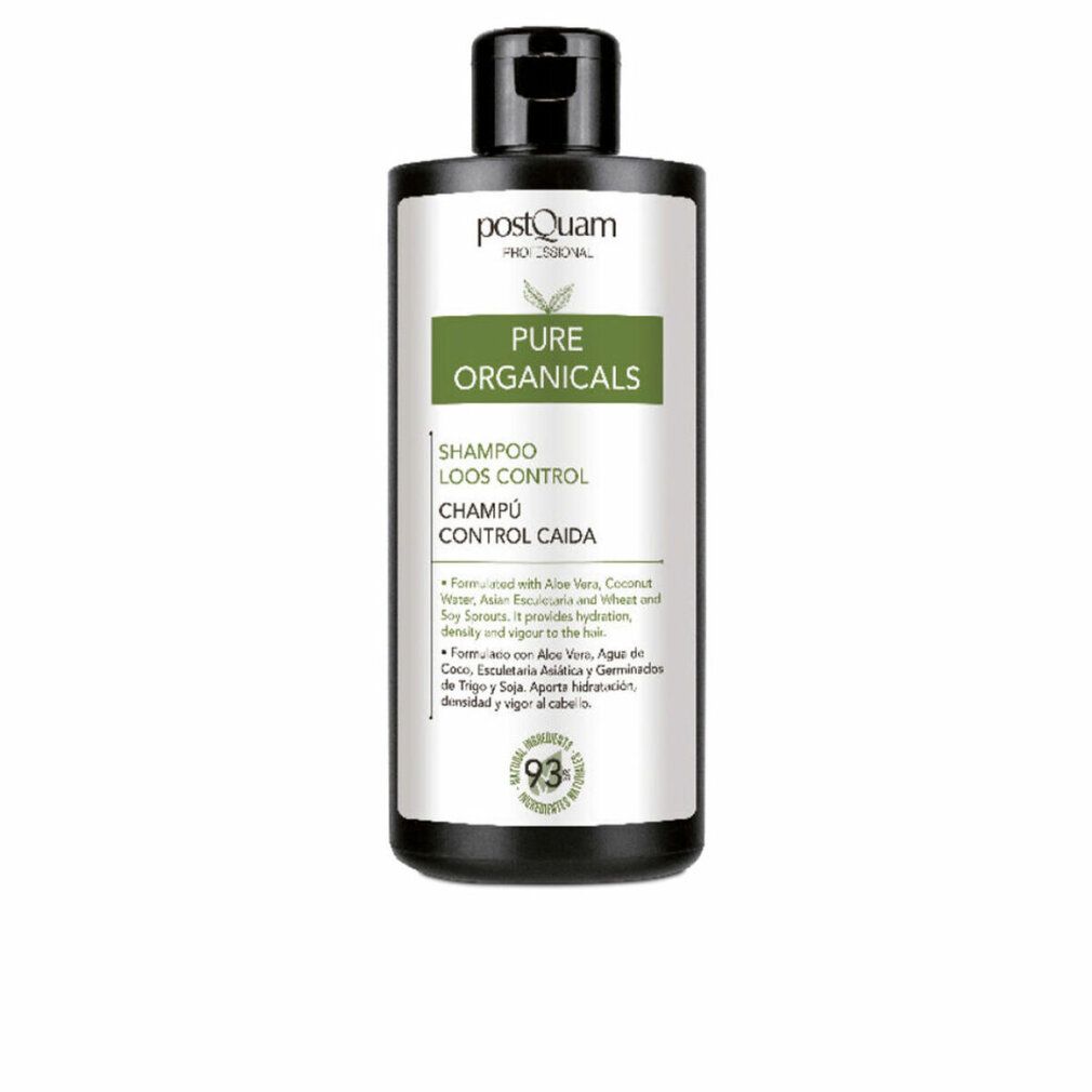 Flacone nero di shampoo con etichetta bianca. Scritto: Postquam, Pure Organicals, Shampoo Loos Control, Champú Control Caida. 93% ingredienti.