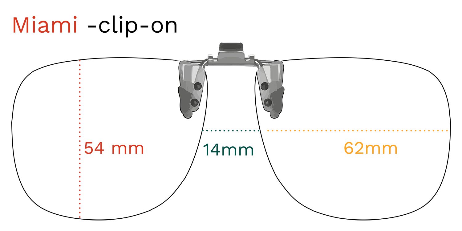 Occhiali da sole clip-on con misure: 54 mm, 14 mm, 62 mm.