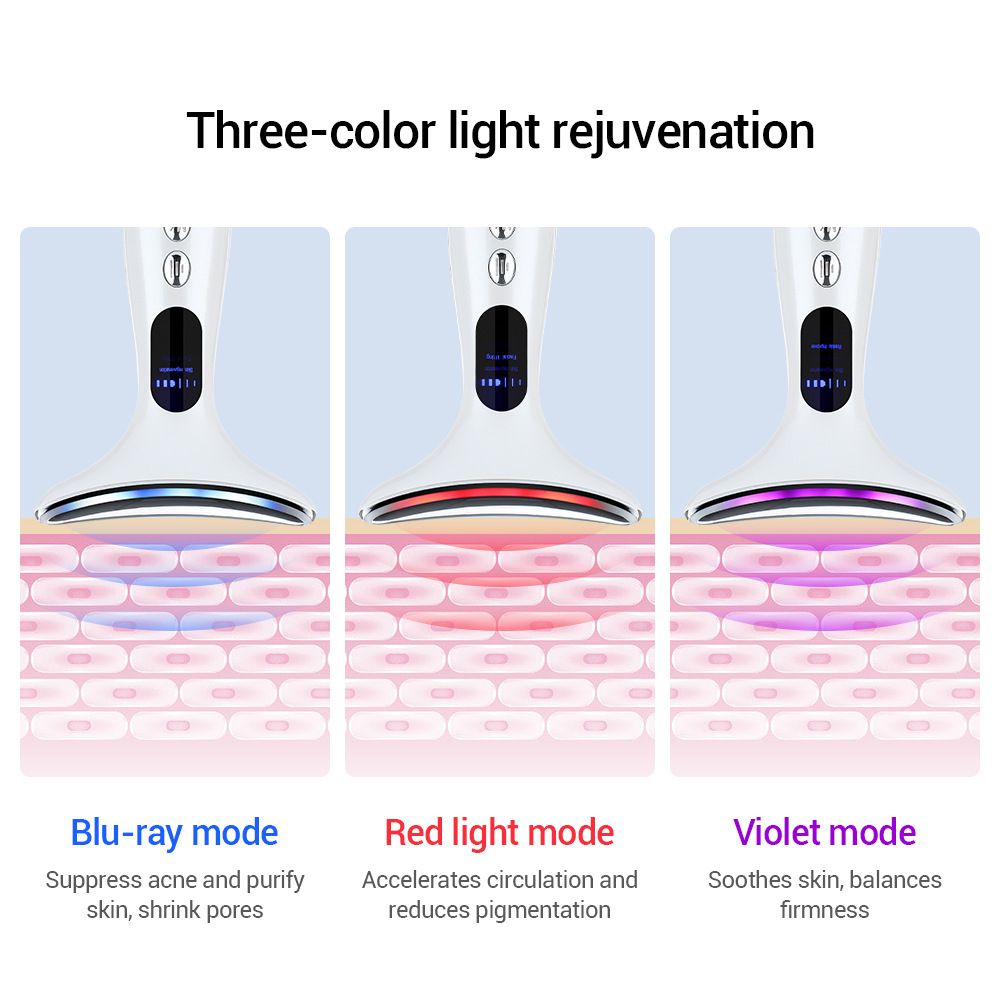 Tre dispositivi per lifting facciale bianchi con diverse modalità di luce: blu, rossa e viola. Strati della pelle rappresentati.