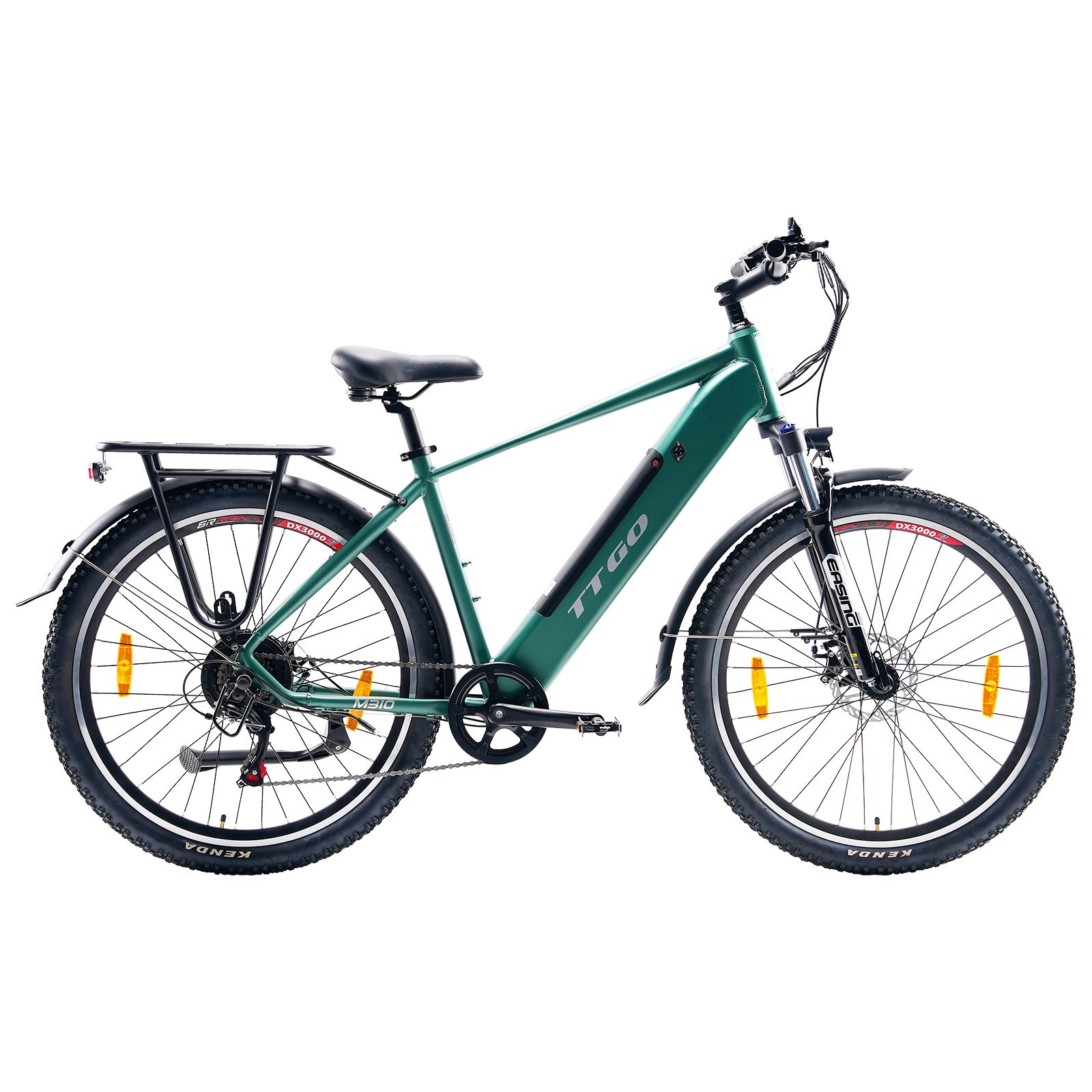 E-bike TTGO verde, sella, pneumatici e portapacchi neri. Riflettori gialli.