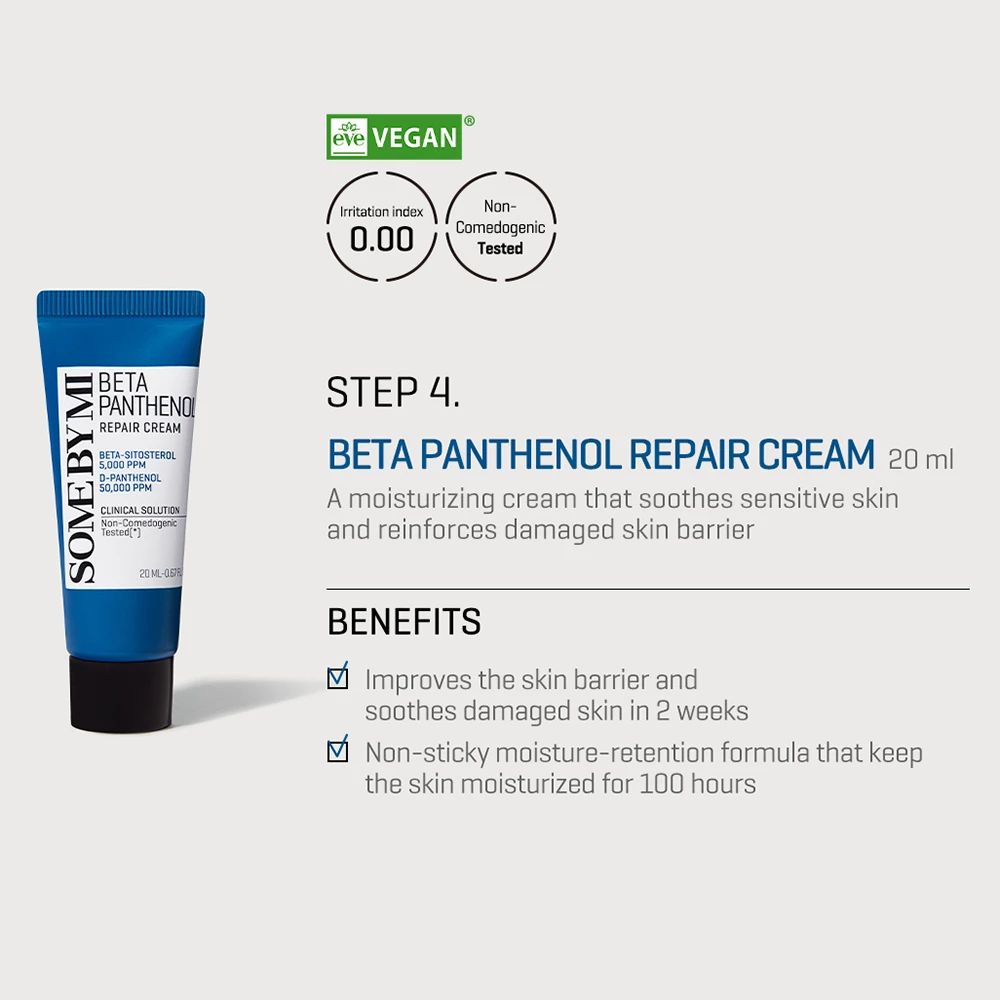 Tubo blu con tappo nero. Scritta: Beta Panthenol Repair Cream. Sigillo vegano.