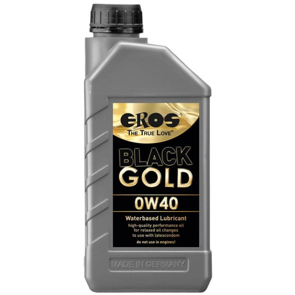 Flacone grigio con etichetta nera. Scritta: EROS, BLACK GOLD, 0W40. Lubrificante a base d'acqua. Prodotto in Germania.