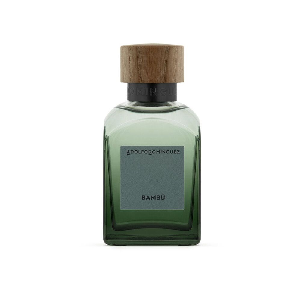 Flacone rettangolare verde con tappo in legno. "Bambú" sull'etichetta. Marchio ADOLFO DOMINGUEZ.
