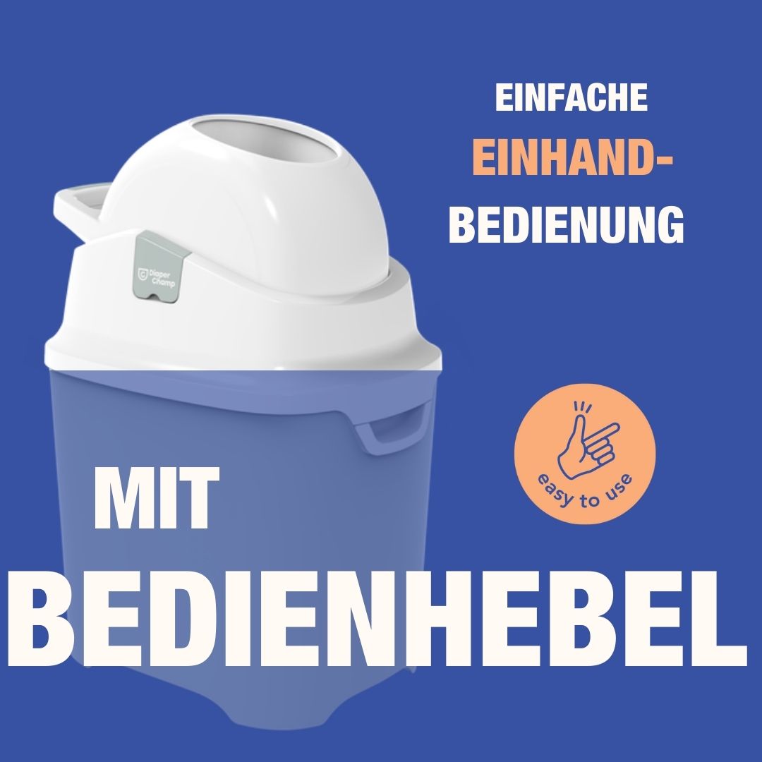 Pattumiera per pannolini Diaper Champ One, grigio-bianco. Testo: "EINFACHE EINHAND-BEDIENUNG" e "MIT BEDIENHEBEL". Logo e testo: "Diaper Champ".