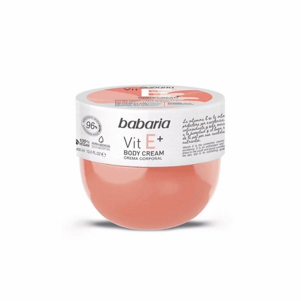 Crema corpo Babaria Vit E+. Vasetto rosa rotondo con coperchio bianco. Scritta: Babaria, Vit E+, Body Cream.