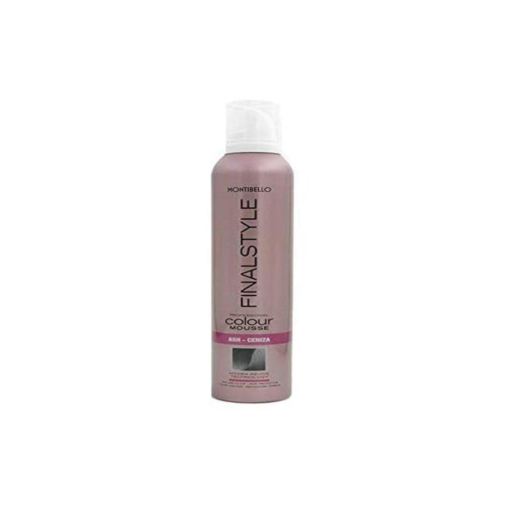 Montibel-Lo Finalstyle Schiuma Intensificante Colore. Flacone rosa, erogatore bianco. Scritte: FINALSTYLE, COLOUR MOUSSE, ASH - CENIZA.