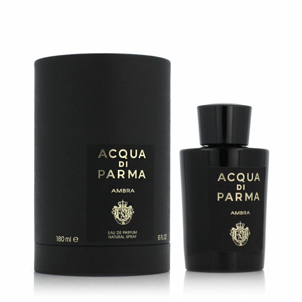 Flacone nero e confezione cilindrica. Scritta: Acqua di Parma, Ambra. Confezione: 180 ml, 6 fl.oz.