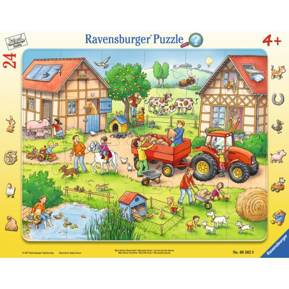 Puzzle Mein kleiner Bauernhof, 24 pezzi. Scena della fattoria con case, animali e persone. Logo Ravensburger Puzzle.