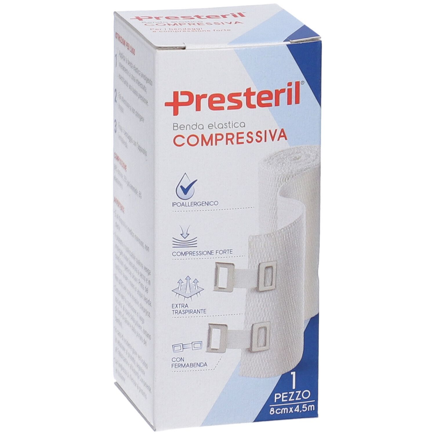 Presteril Benda Elastica Compressiva. Bendaggio elastico bianco con chiusure. 8cm x 4,5m. 1 pezzo.