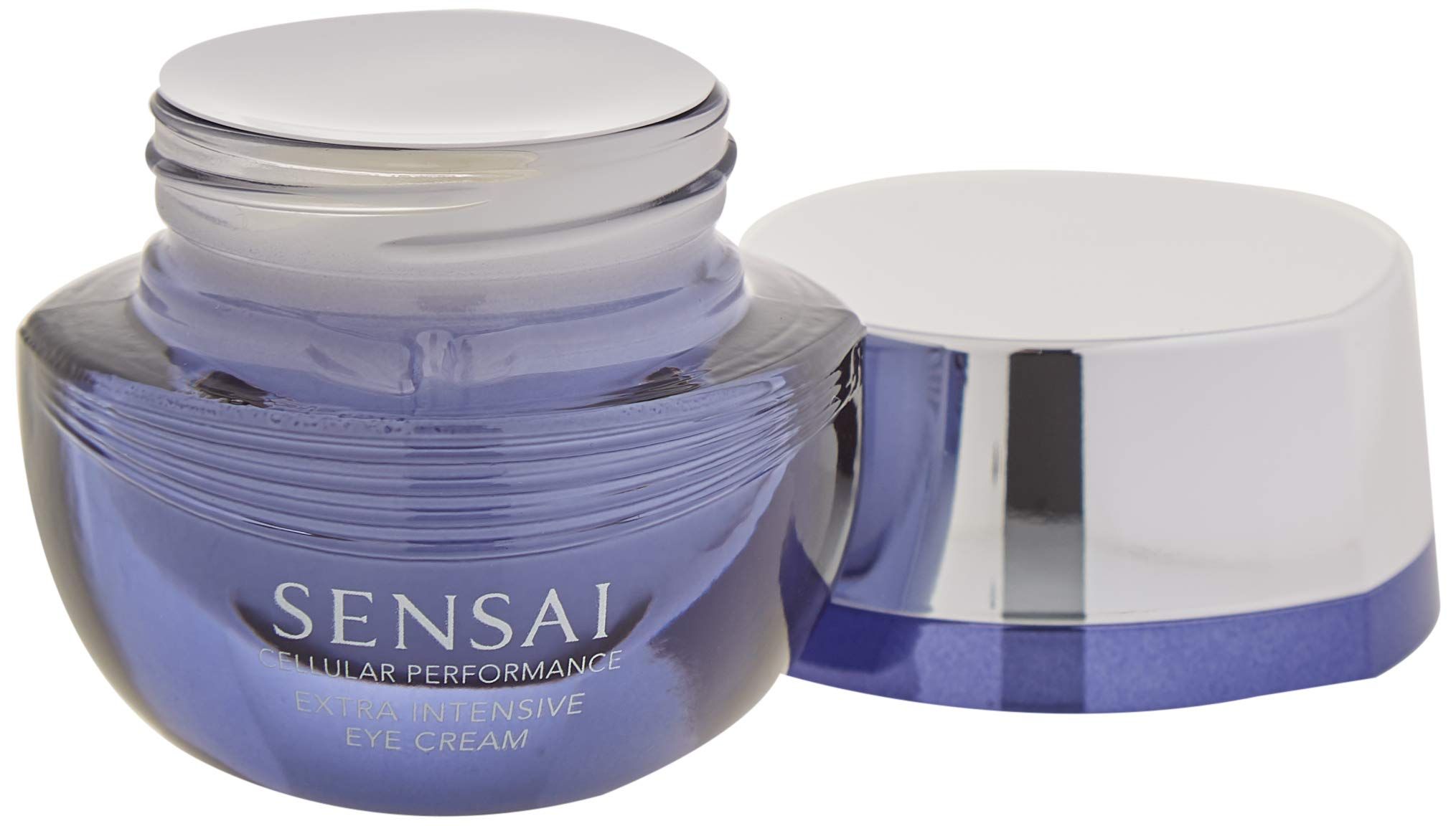 Vasetto blu aperto con coperchio argentato. Scritta: SENSAI CELLULAR PERFORMANCE EXTRA INTENSIVE EYE CREAM.