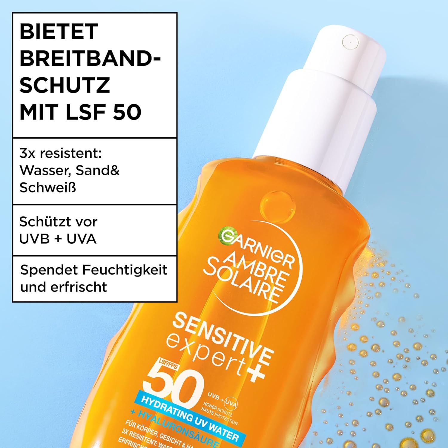 Garnier Ambre Solaire Sensitive Expert+ Spray solare SPF 50. Flacone su sfondo blu. Testo: Offre protezione ad ampio spettro con SPF 50.