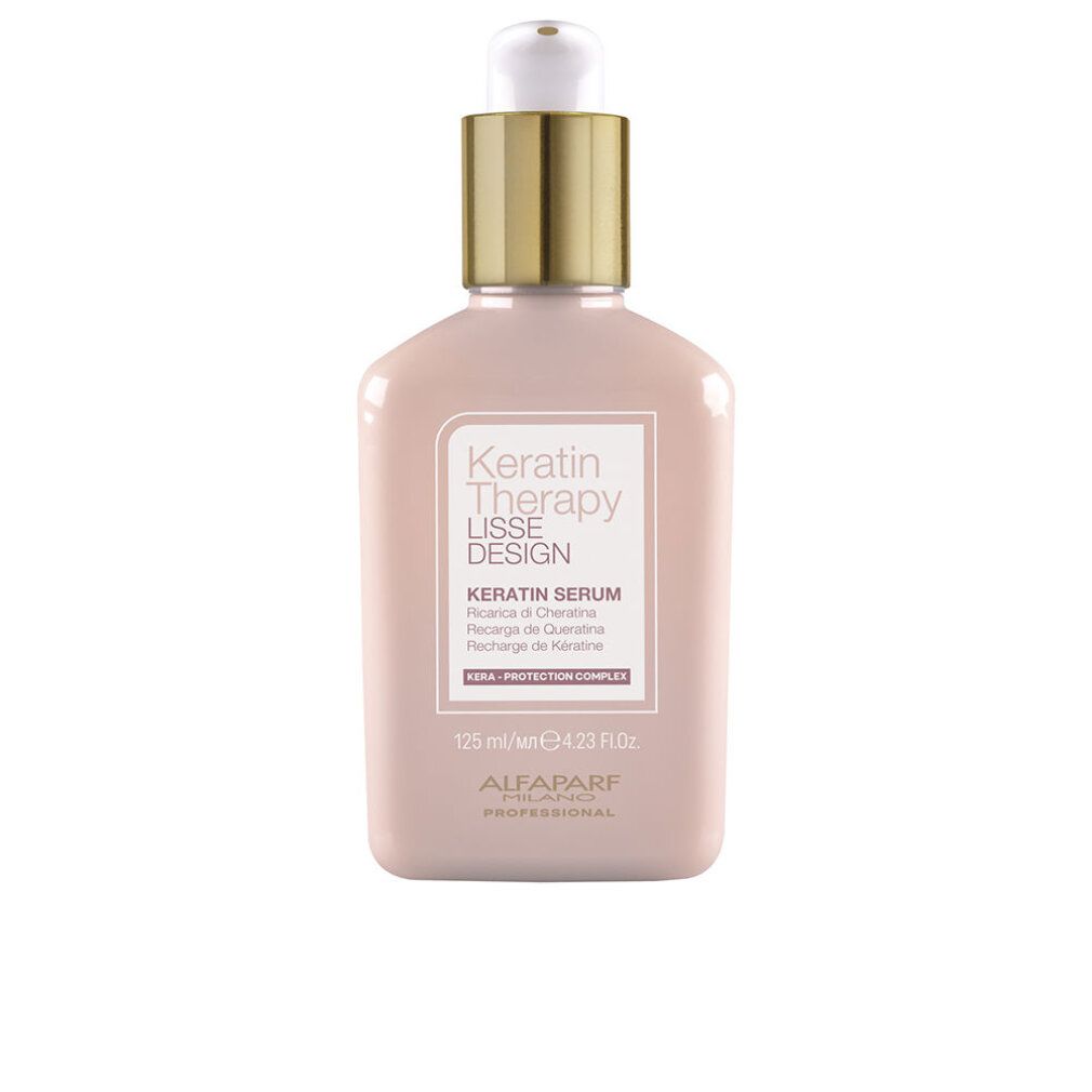 Flacone rosa con tappo dorato. Scritta: Keratin Therapy Lisse Design, Keratin Serum. Marchio: Alfaparf Milano.