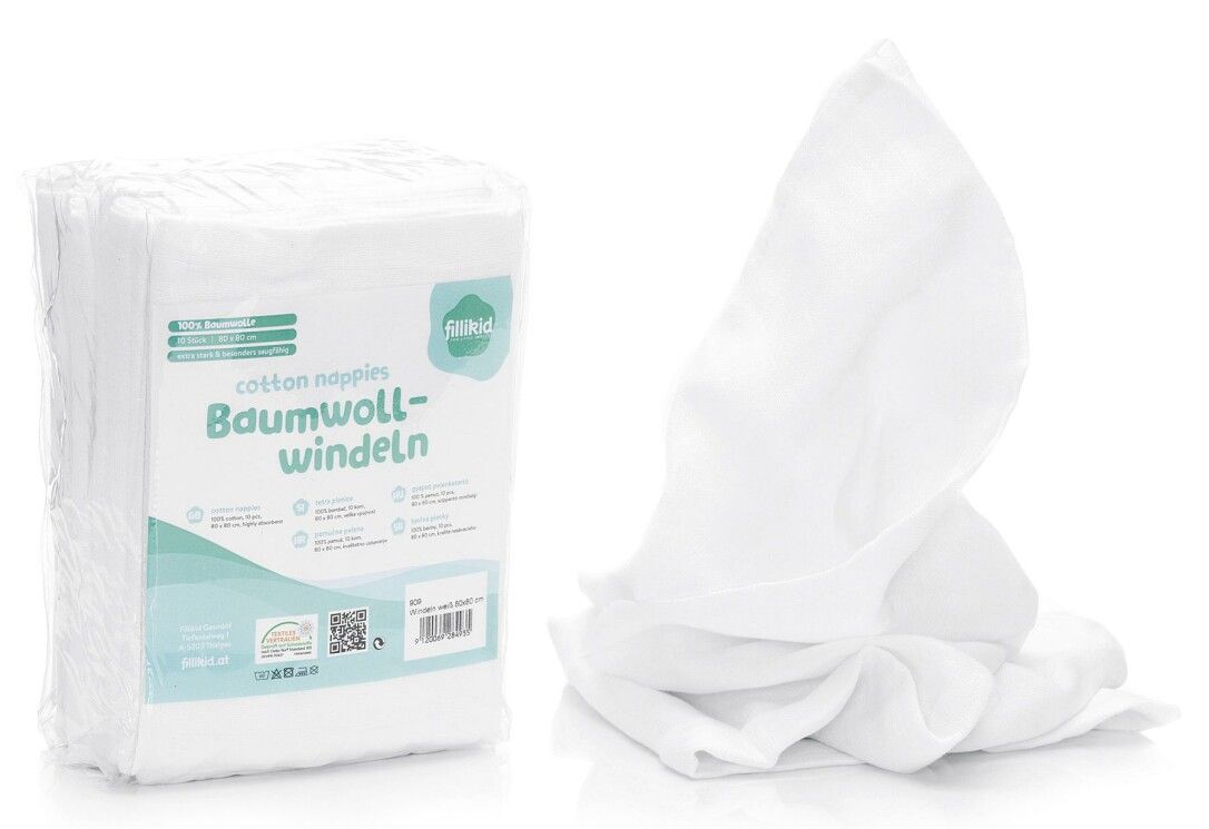 Confezione di garze. Testo: garze di cotone. Accanto, una pila di garze, una estratta.