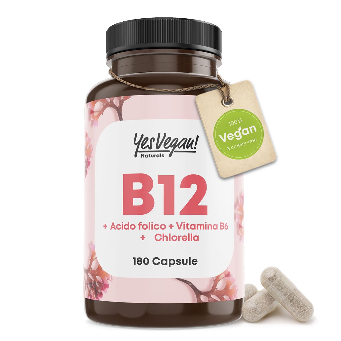 Flacone e infografica degli ingredienti: B12, acido folico, vitamina B6, chlorella.