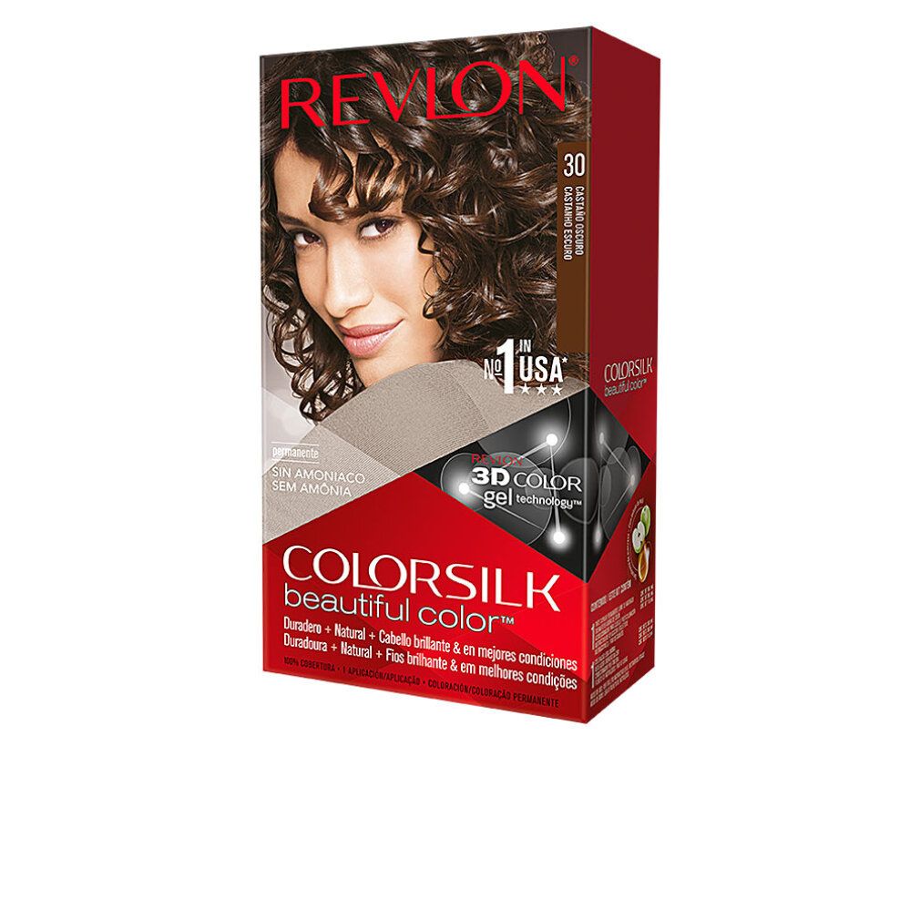 Scatola tinta capelli Revlon Colorsilk. Castano scuro. Senza ammoniaca. Tecnologia 3D Color Gel. Scritto: Beautiful Color. N°1 USA.
