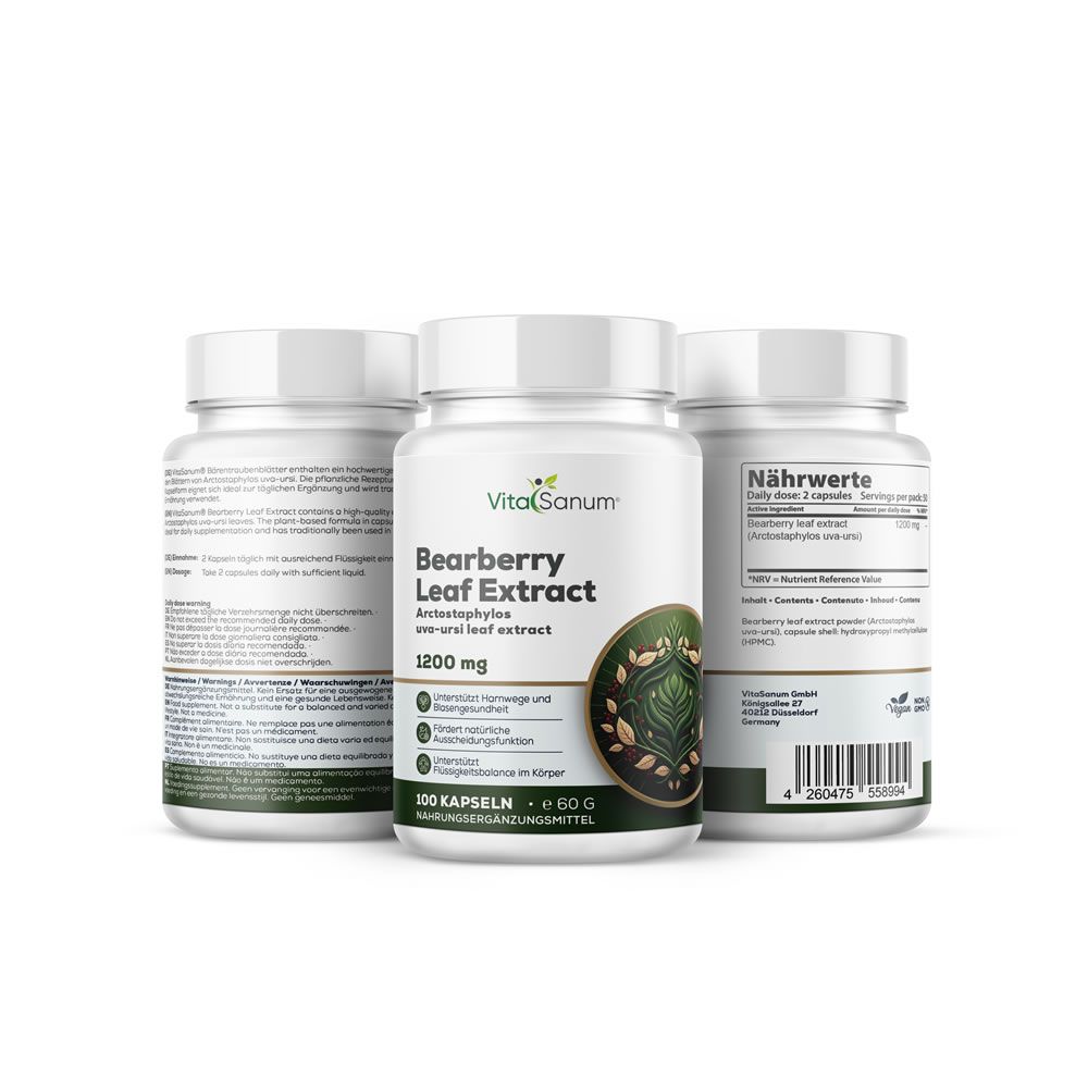 Tre flaconi bianchi con etichetta VitaSanum®. Scritta: Bearberry Leaf Extract, 1200 mg. 100 capsule.
