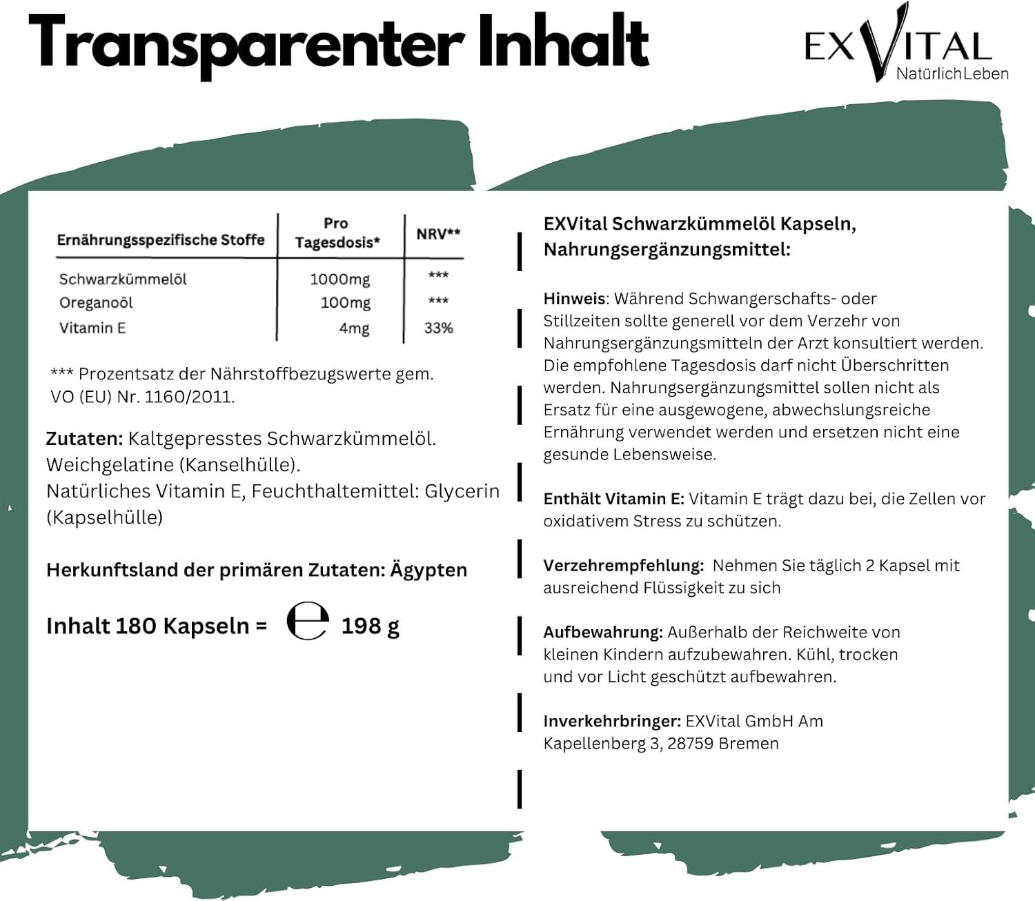 Testo: Tabella nutrizionale, ingredienti, istruzioni. 180 capsule, 198 g. EXVital Capsule di cumino nero, integratore alimentare.