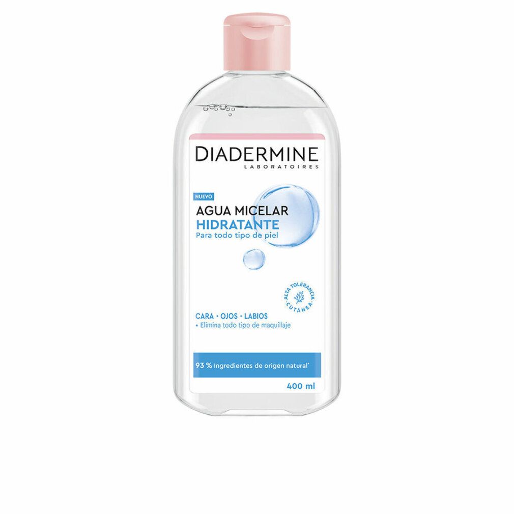 Flacone trasparente, tappo rosa. Diadermine Acqua Micellare, etichette blu. Testo: Agua Micelar, Hidratante, tutti i tipi di pelle.