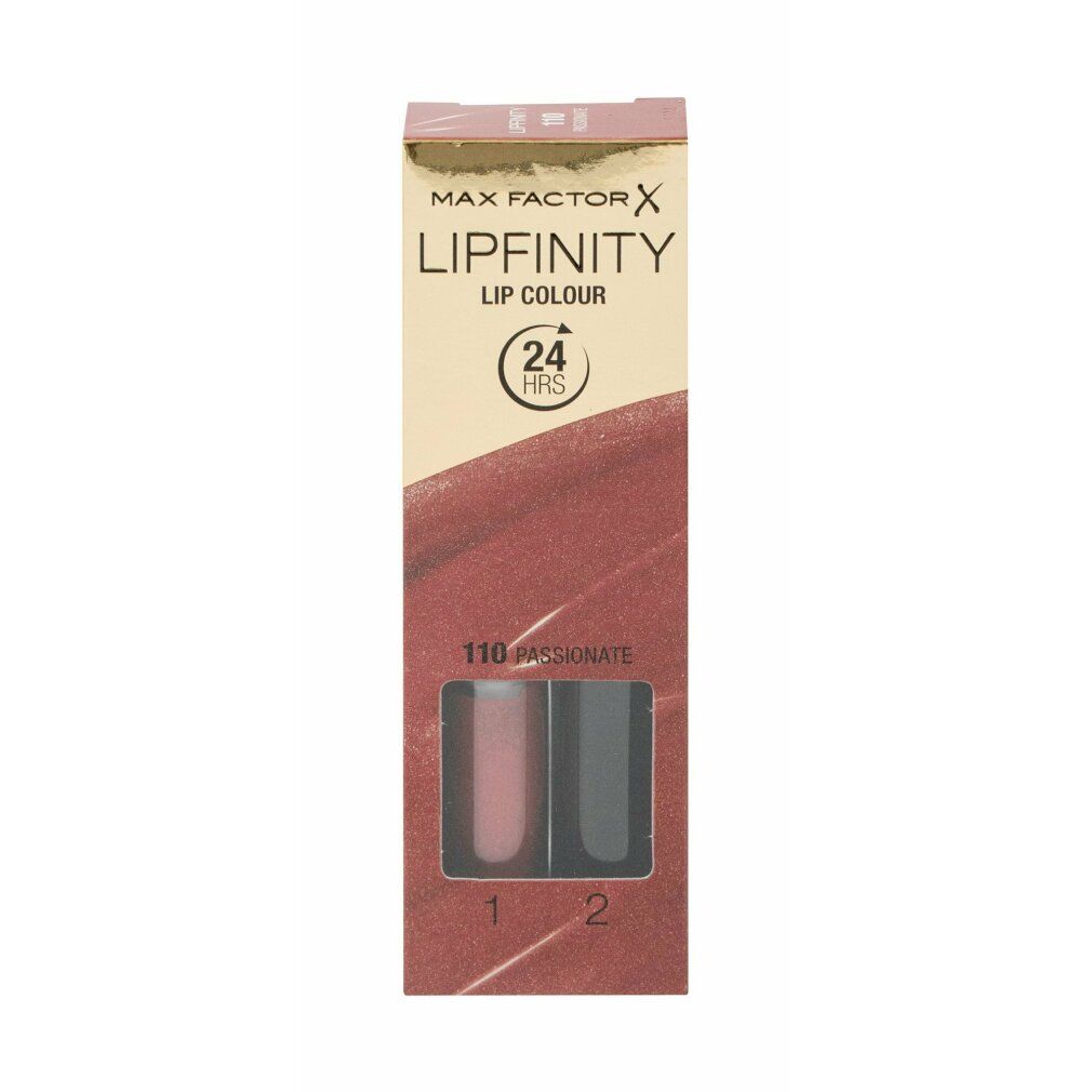 Max Factor Lipfinity Colore labbra 110 Passionate. Due rossetti e una confezione. Sulla confezione è scritto "24 HRS".
