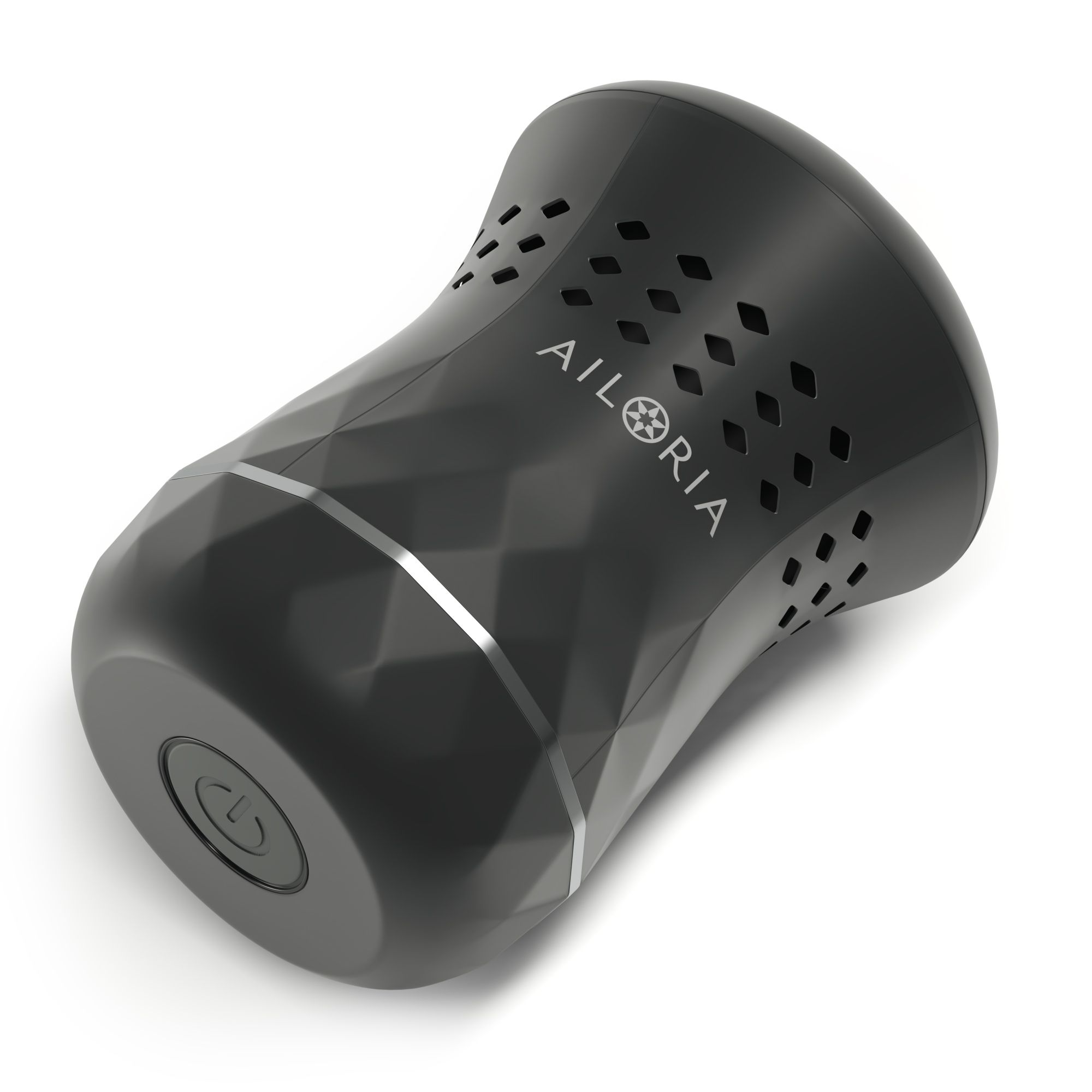 Dispositivo nero cilindrico con scritta AILORIA. Motivo a diamante, anello argentato, pulsante on/off.