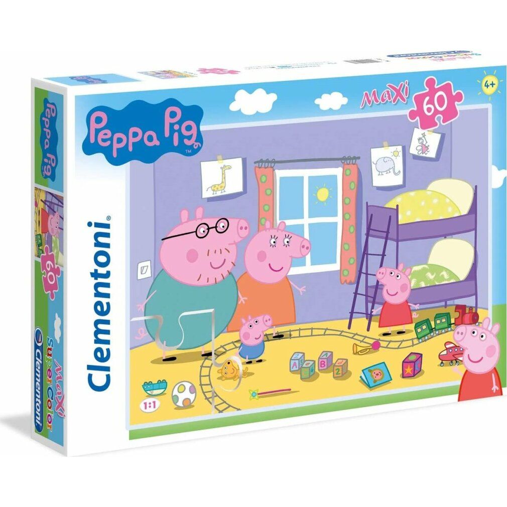 Scatola di cartone Peppa Pig Maxi-Puzzle. 60 pezzi. Logo Clementoni. Immagine della famiglia Peppa Pig in una stanza.