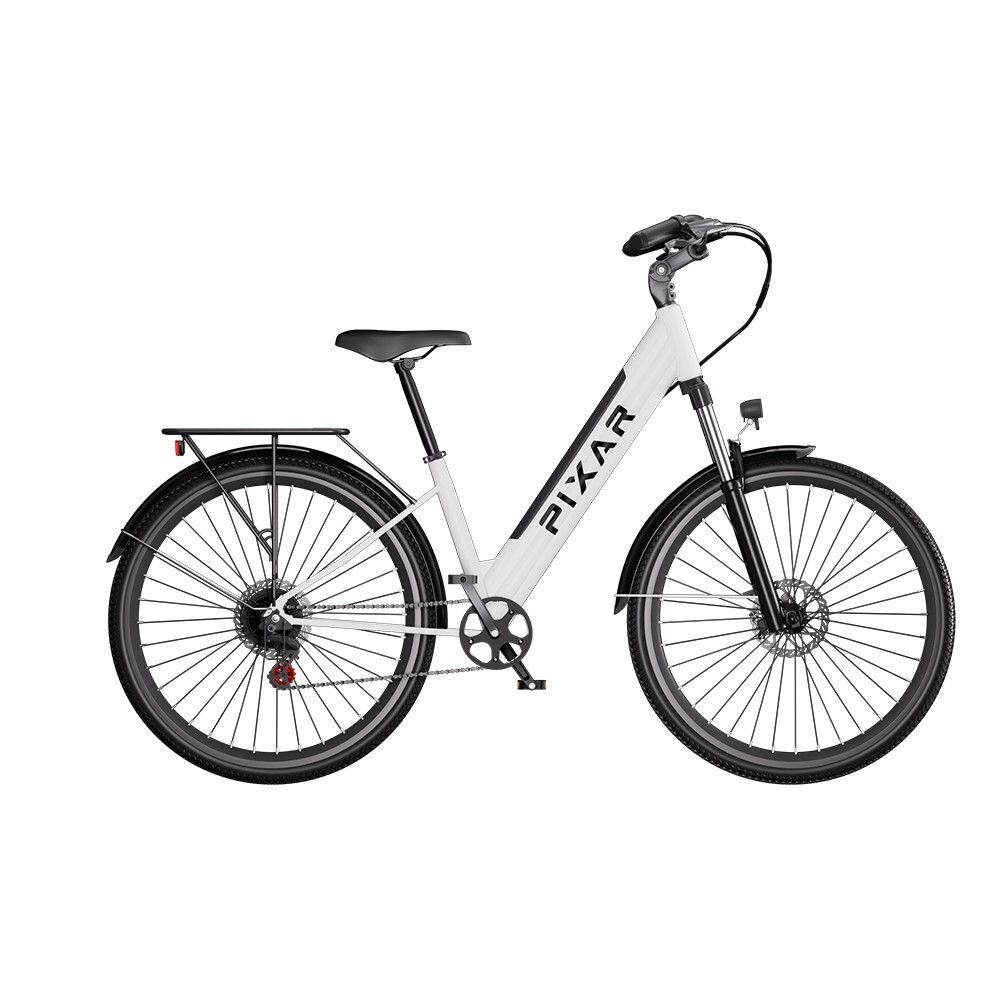 E-bike bianco con telaio nero e portapacchi. Logo PIXAR sul telaio.