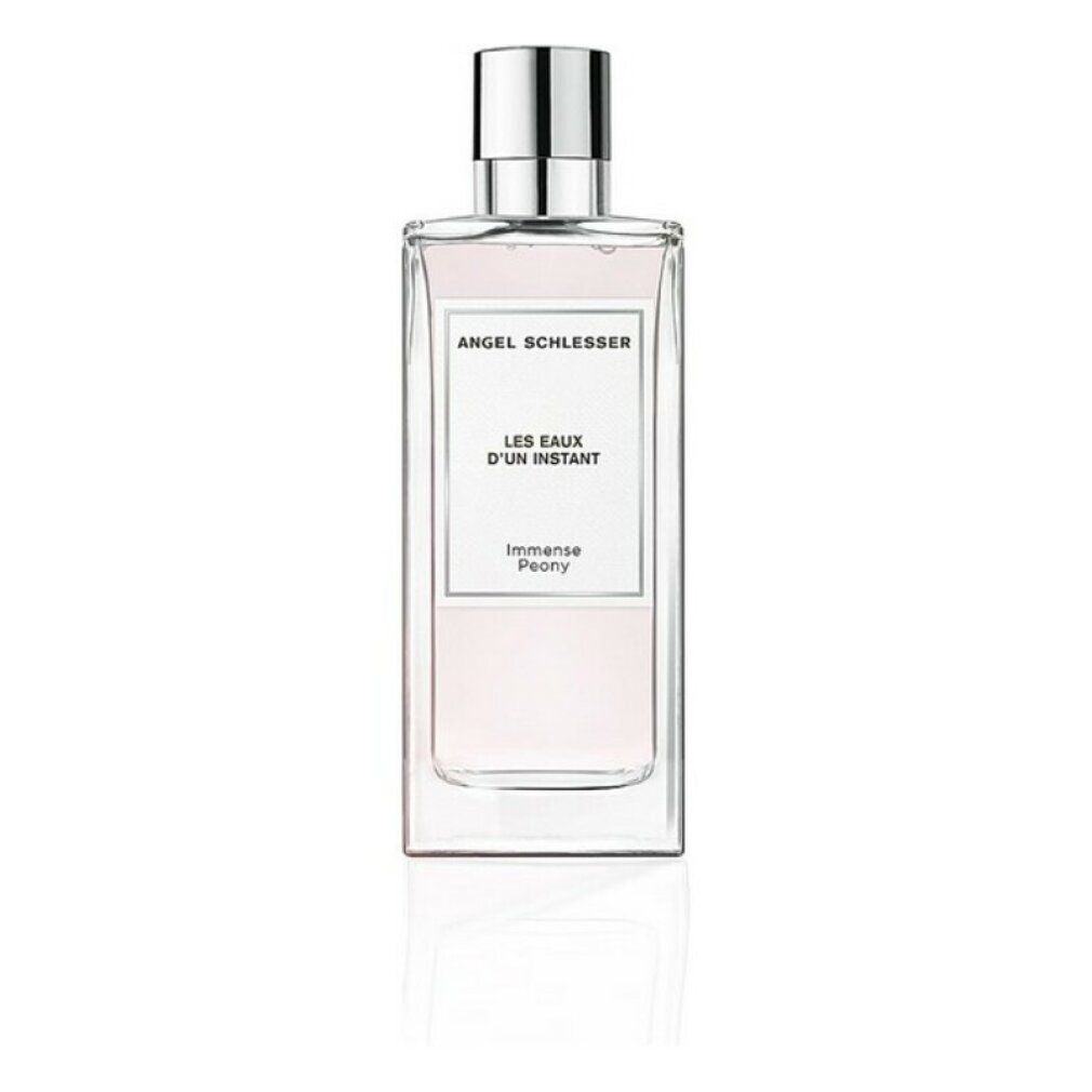 Flacone rettangolare con tappo argentato. Etichetta: Angel Schlesser, Les Eaux d'Un Instant, Inmense Peony.