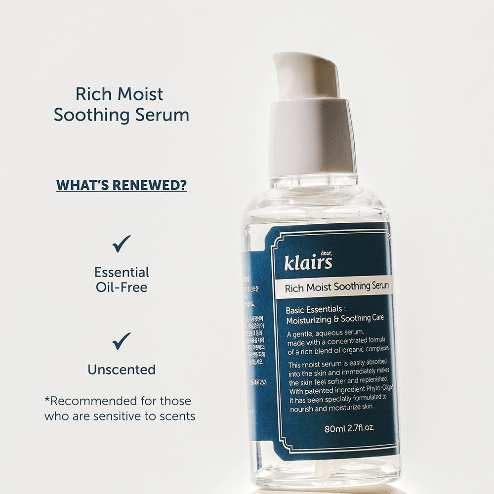 Siero lenitivo Rich Moist di Klairs. Flacone con testo e simboli di spunta. 'Senza oli essenziali' e 'Senza profumo'.