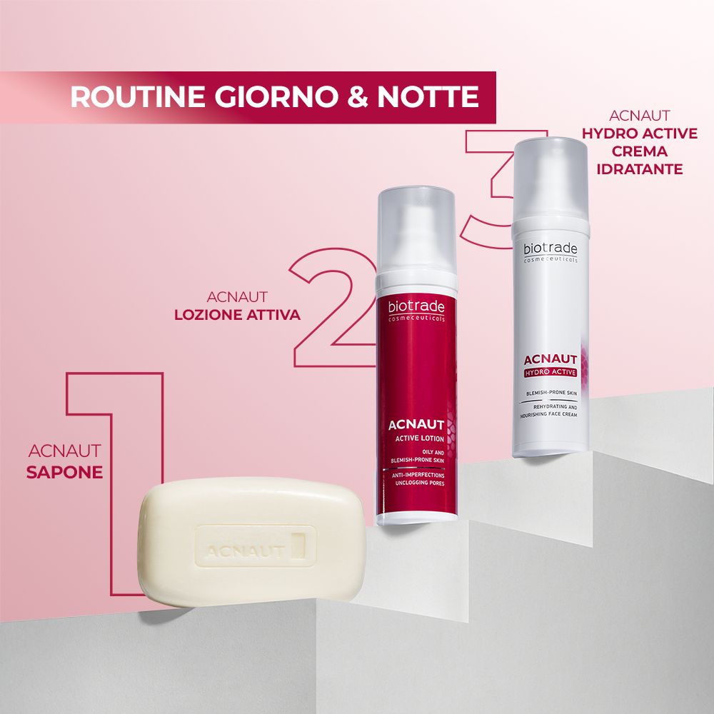 Tre prodotti: sapone, lozione e crema. Disposizione per la routine quotidiana. Loghi e nomi dei prodotti visibili.