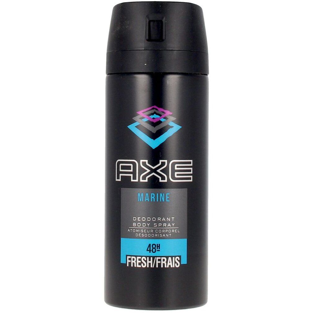 Axe Marine Deodorant Spray. Bomboletta spray nera con logo blu e rosa. Testo: Marine, Deodorant, 48h Fresh/Frais.