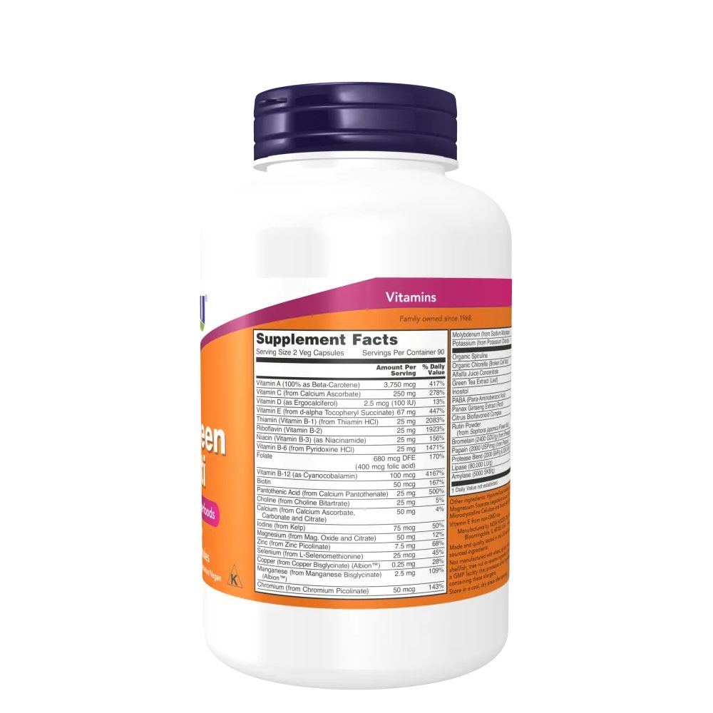 Retro del flacone bianco. Testo: Supplement Facts. Contiene vitamine e informazioni nutrizionali. Marchio NOW.