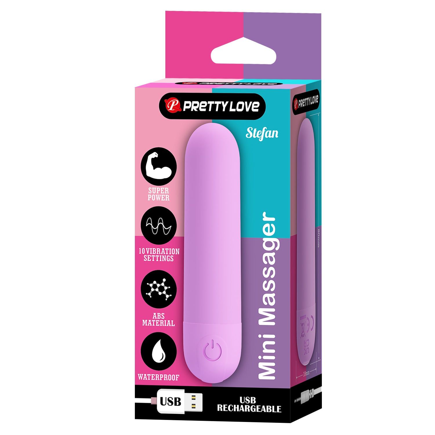 Confezione per prodotto benessere lilla. Scritte: PRETTYLove, Stefan, Mini Massager, USB Rechargeable.