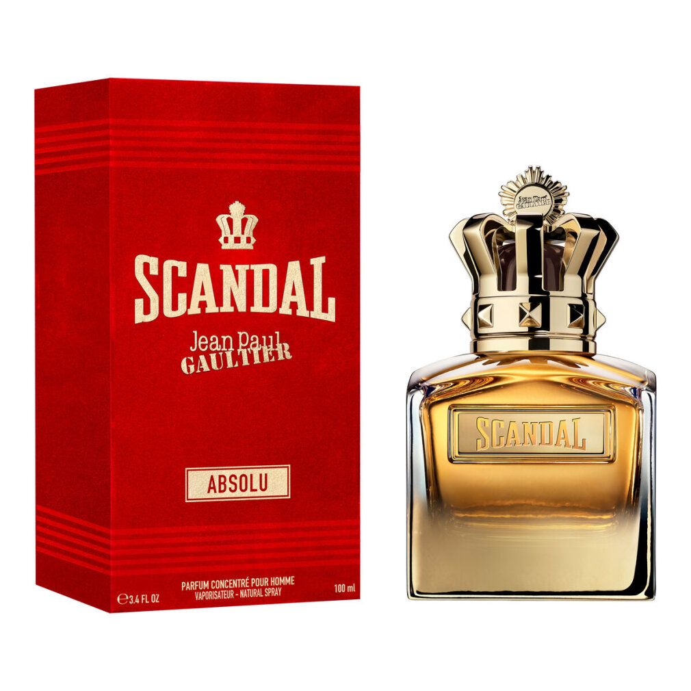 Confezione rossa e flacone dorato. Flacone con corona e scritta "SCANDAL". Confezione accanto.