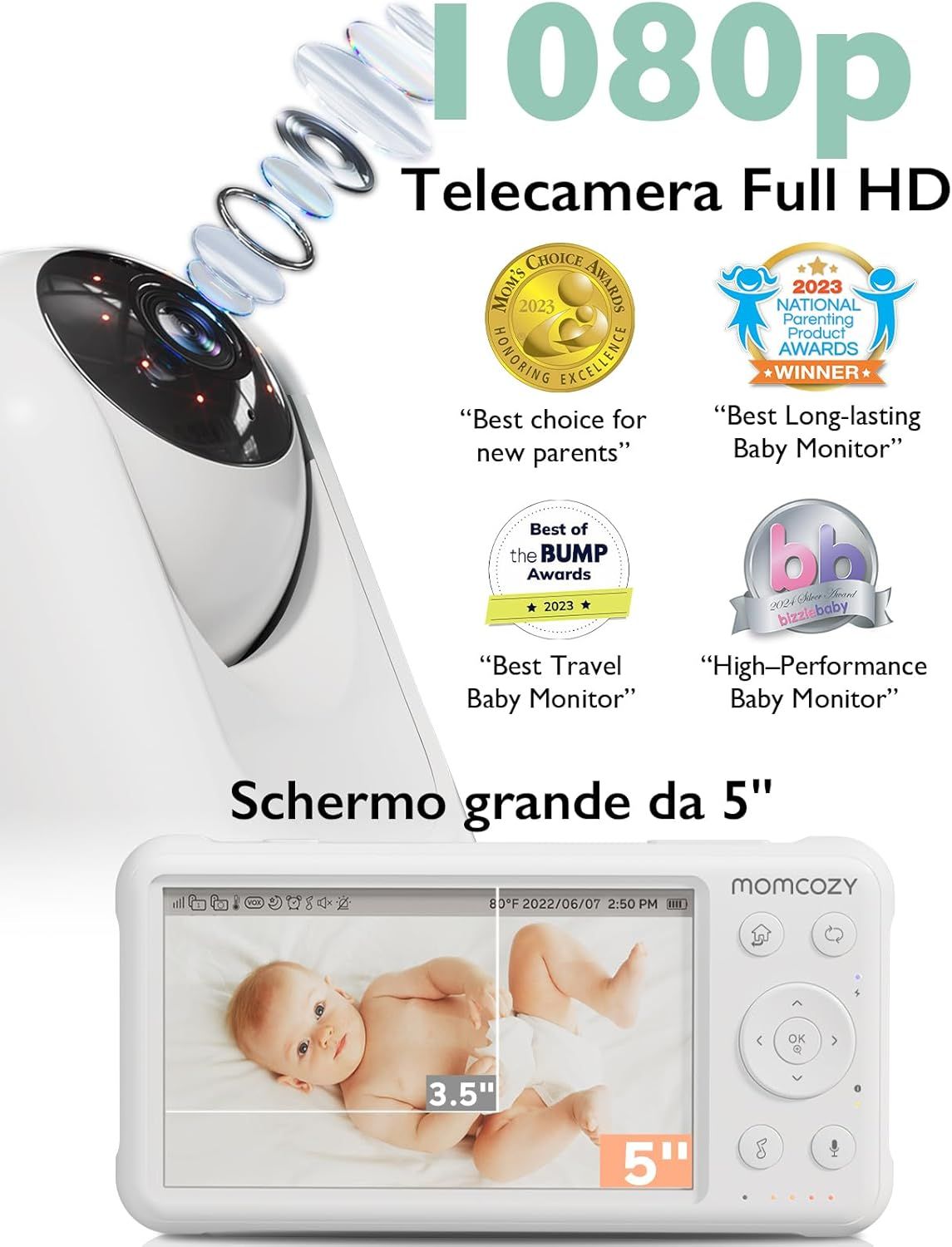 Baby monitor con telecamera Momcozy da 5 pollici con video HD 1080P