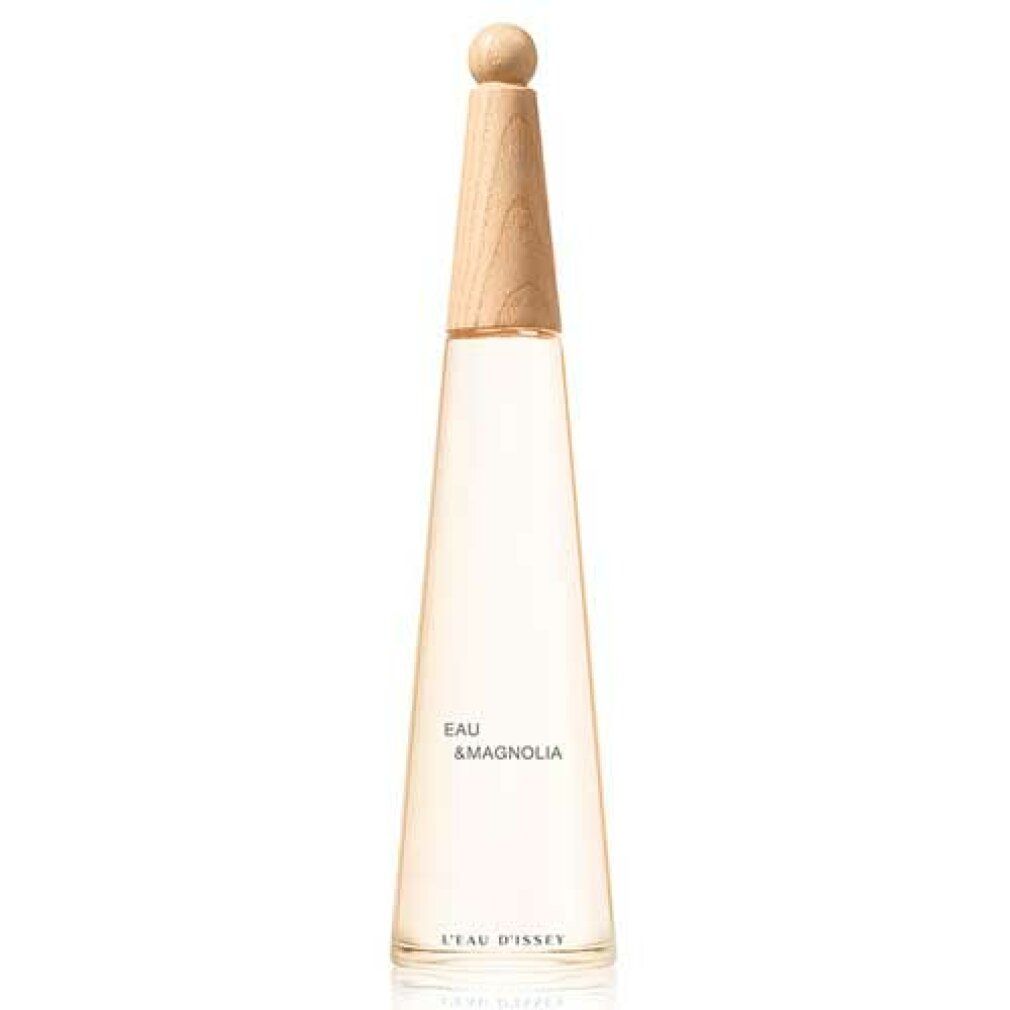 Flacone di profumo con tappo in legno. Scritta: Eau & Magnolia, L'Eau d'Issey.