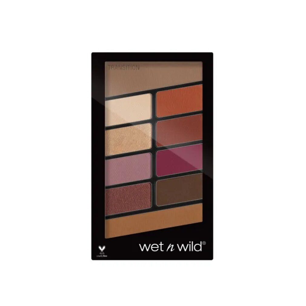 Palette ombretti a 10 colori. Confezione nera. Marchio wet n wild. Cruelty-free. Varie tonalità di marrone, rosa e beige.
