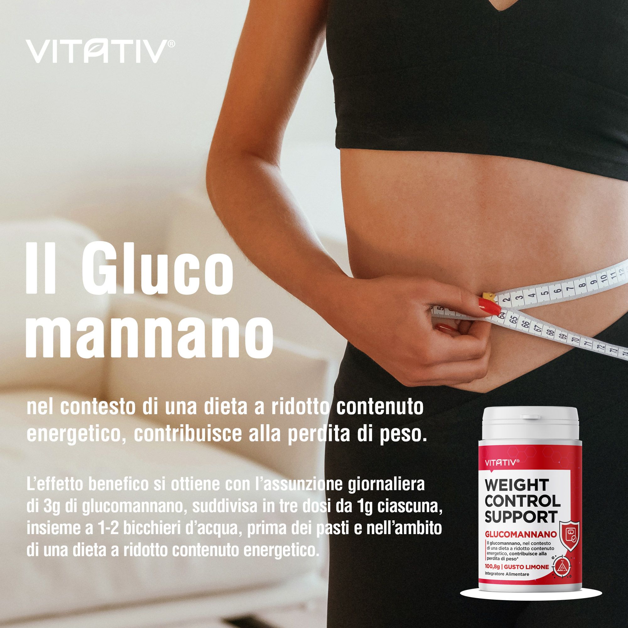 VITATIV® GLUCOMANNANO + Vitamina C e B6, Integratore in Polvere Gusto Limone per Controllo del Peso