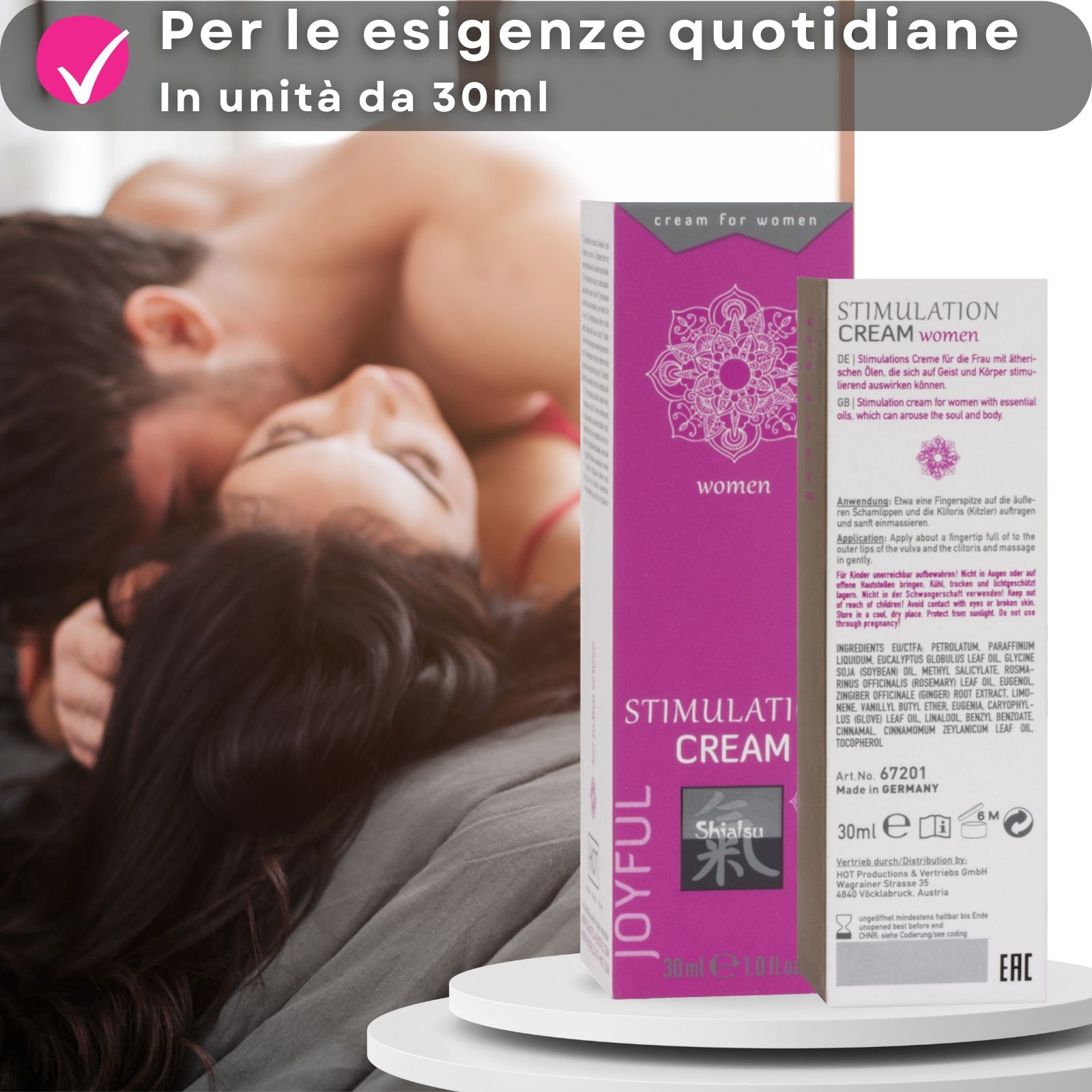 Tubo e scatola rosa. Scritto: Stimulation Cream, Shiatsu, Joyful. Testo e coppia a letto.