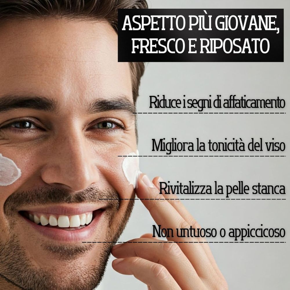 Uomo applica crema. Testo: Aspetto più giovane e fresco. Riduce la fatica, migliora la tonicità, rivitalizza.