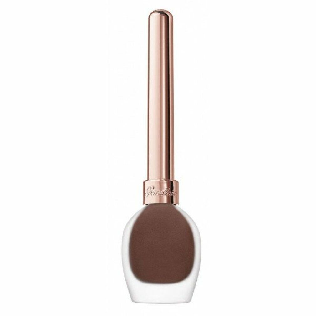 Eyeliner marrone con stelo dorato. Flacone dalla forma arrotondata e fondo trasparente.