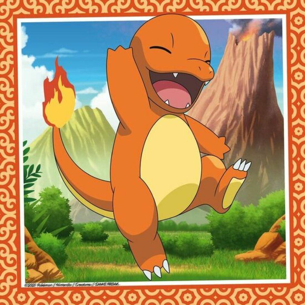 Motivo puzzle: Charmander. Personaggio Pokémon arancione con sfondo vulcanico. Parte di un puzzle. Marca: Ravensburger.