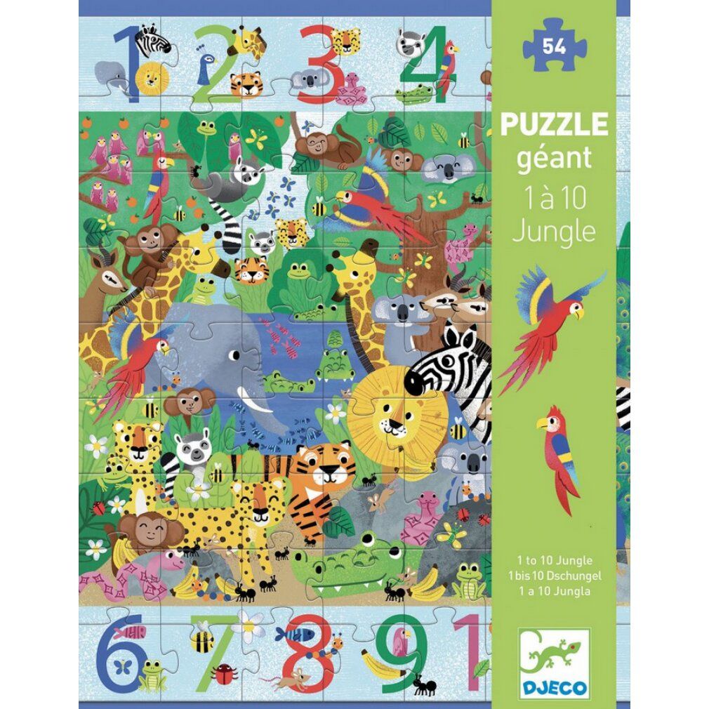 Puzzle gigante giungla da 54 pezzi. Confezione con nome del prodotto e marchio Djeco. Animali e numeri da 1 a 10.