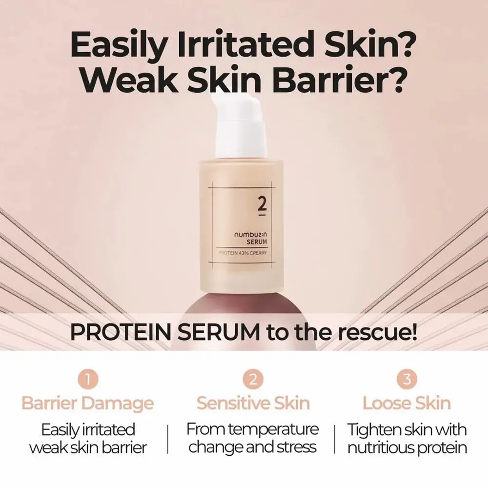 Pubblicità per il siero. Testo: Easily Irritated Skin? Weak Skin Barrier? PROTEIN SERUM to the rescue! 3 punti.