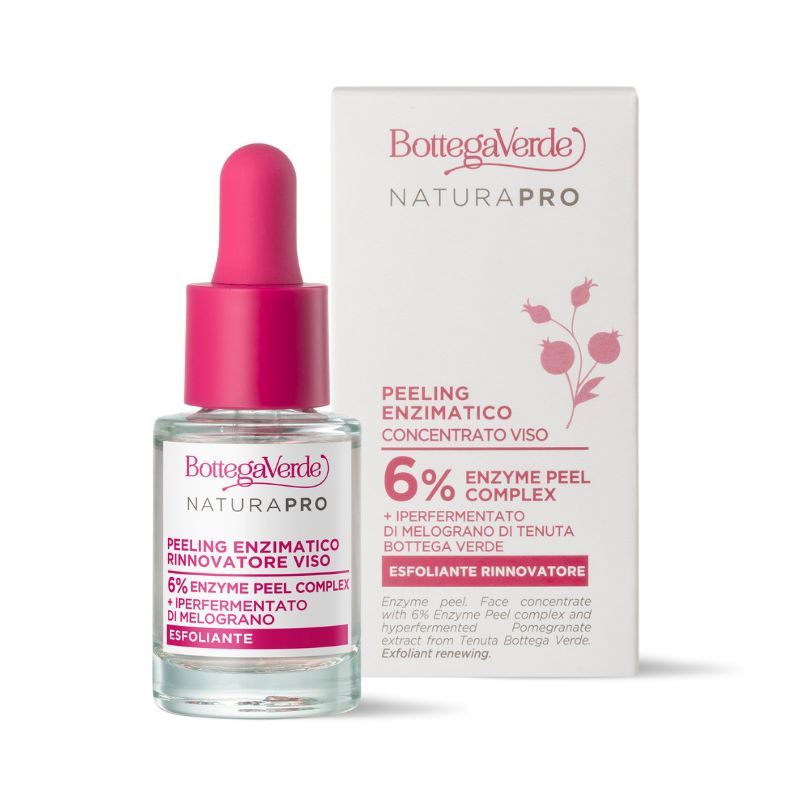 Siero viso Bottega Verde NaturaPro con complesso peeling enzimatico 6% in flacone di vetro con contagocce e scatola.
